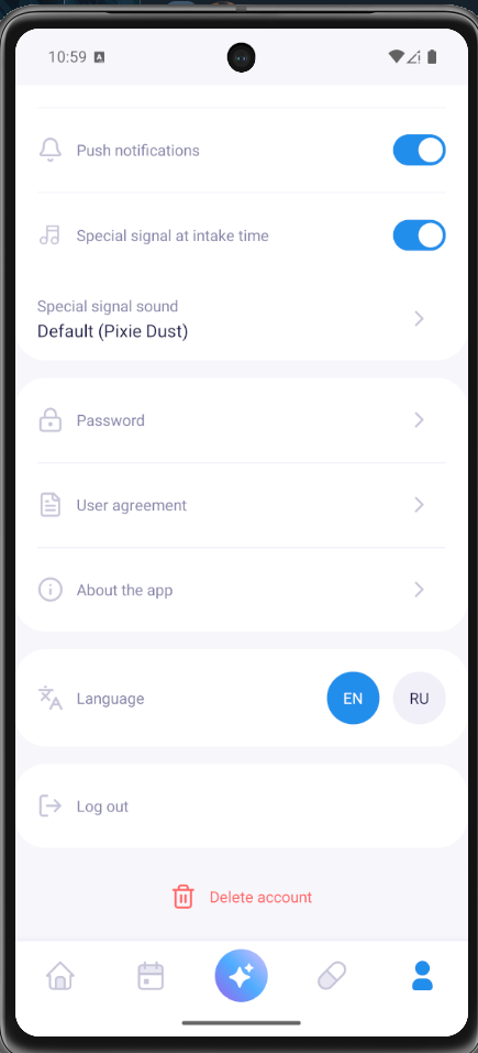 Profile screen with Delete account option